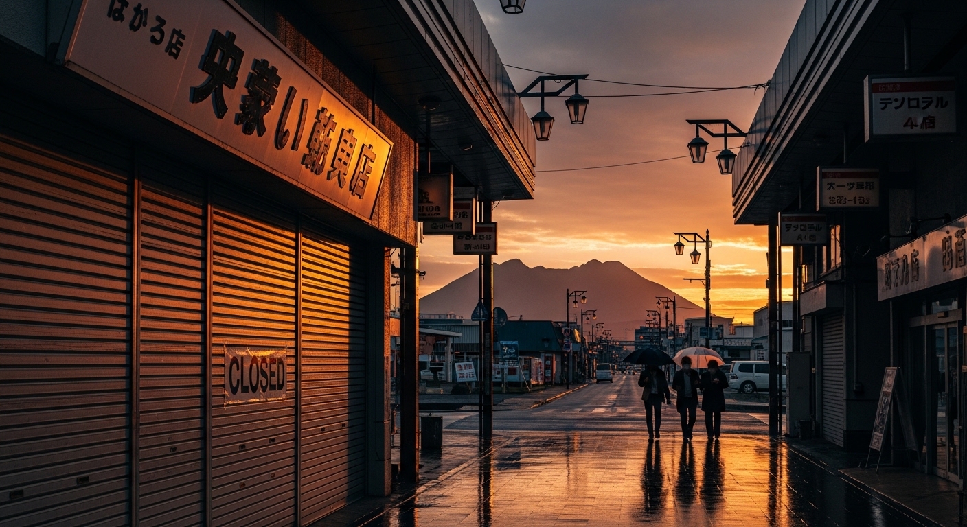 鹿児島市の商店街で閉店した店舗のシャッターと、遠くに見える桜島の夕景。鹿児島の閉店情報を象徴するノスタルジックな風景。
