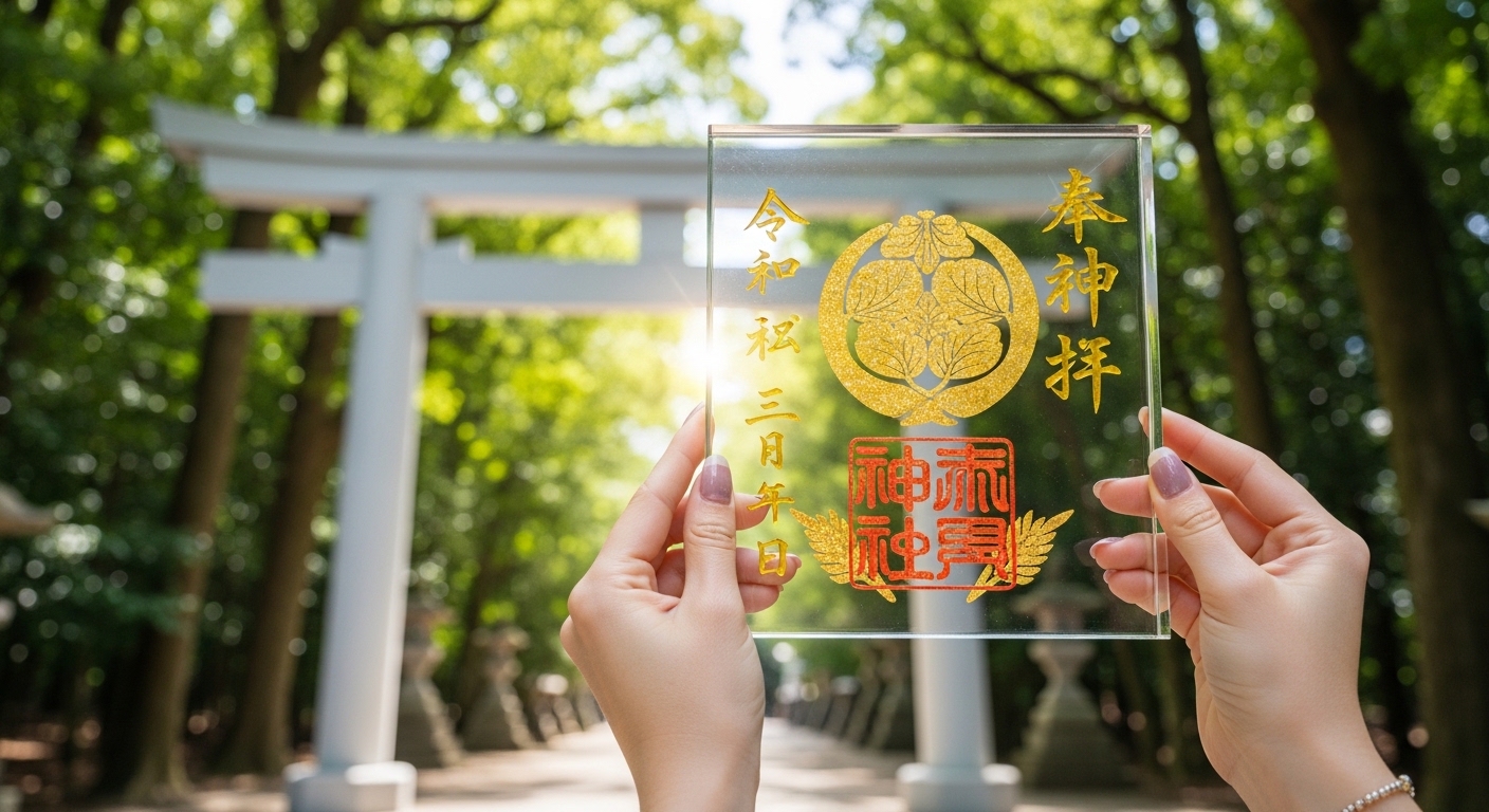 照国神社の白い大鳥居を背景に、光を透かして美しく輝く照国神社の透明の御朱印。