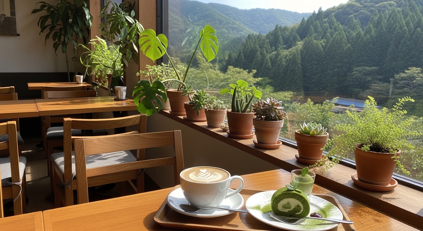 鹿児島県霧島市溝辺町のカフェで提供される、お茶のスイーツと温かいコーヒー。窓の外に広がる緑豊かな霧島の風景。