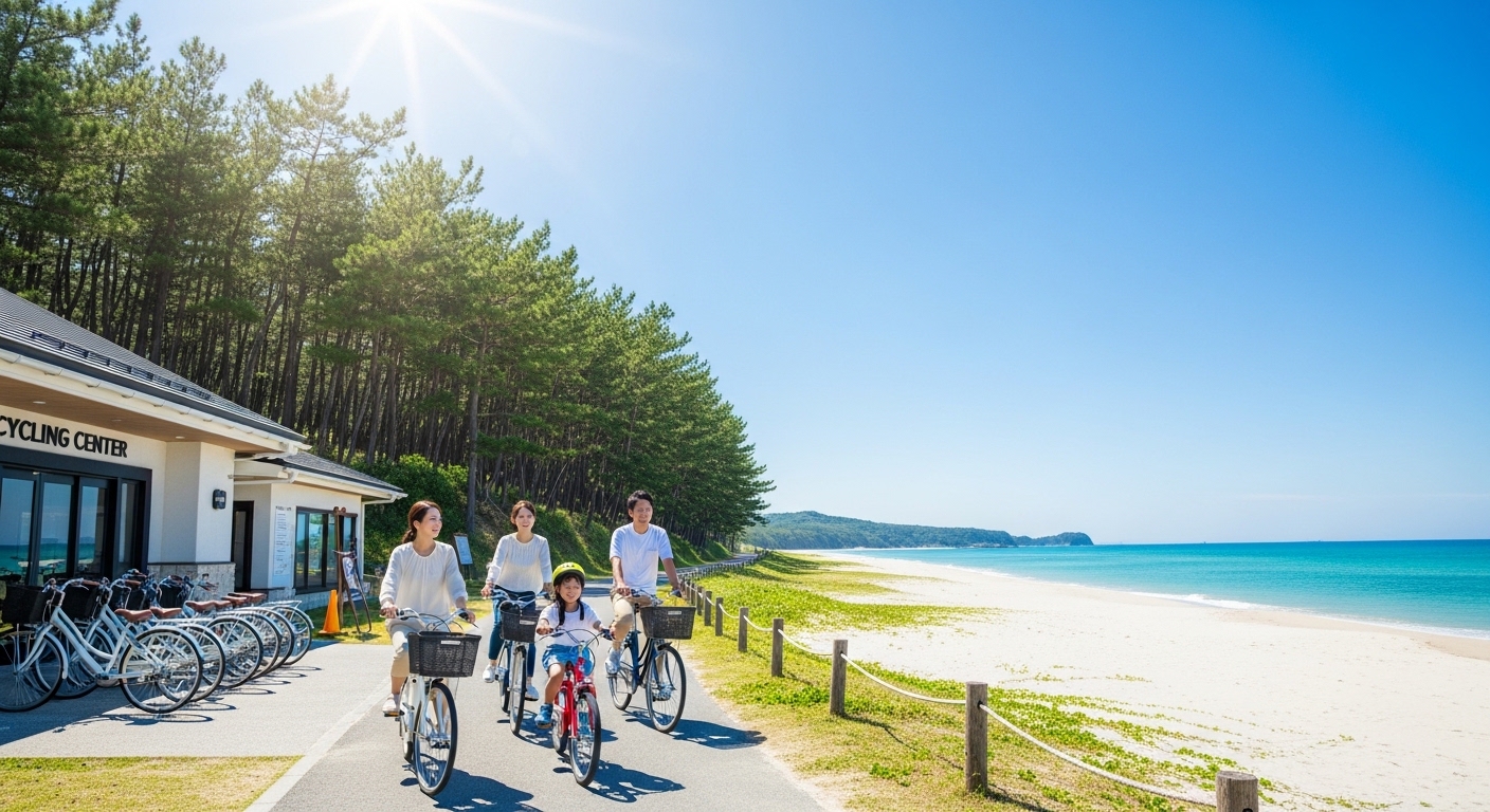 吹上浜海浜公園サイクリングセンターで借りた自転車で、青空の下、海岸沿いのサイクリングロードを走る様子。