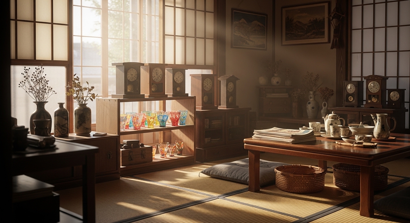 鹿児島の古民家で柔らかな光を浴びる色とりどりのグラスや古道具。鹿児島のレトロ雑貨が持つ温かい雰囲気を表現した一枚。