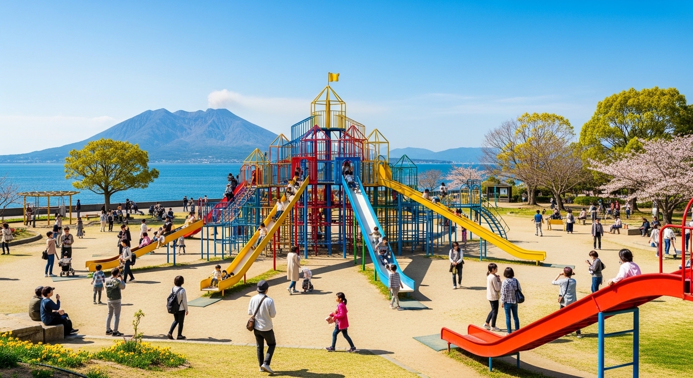 桜島を背景にした鹿児島の遊具が多い公園で、カラフルな大型コンビネーション遊具で遊ぶ子供たちの風景。