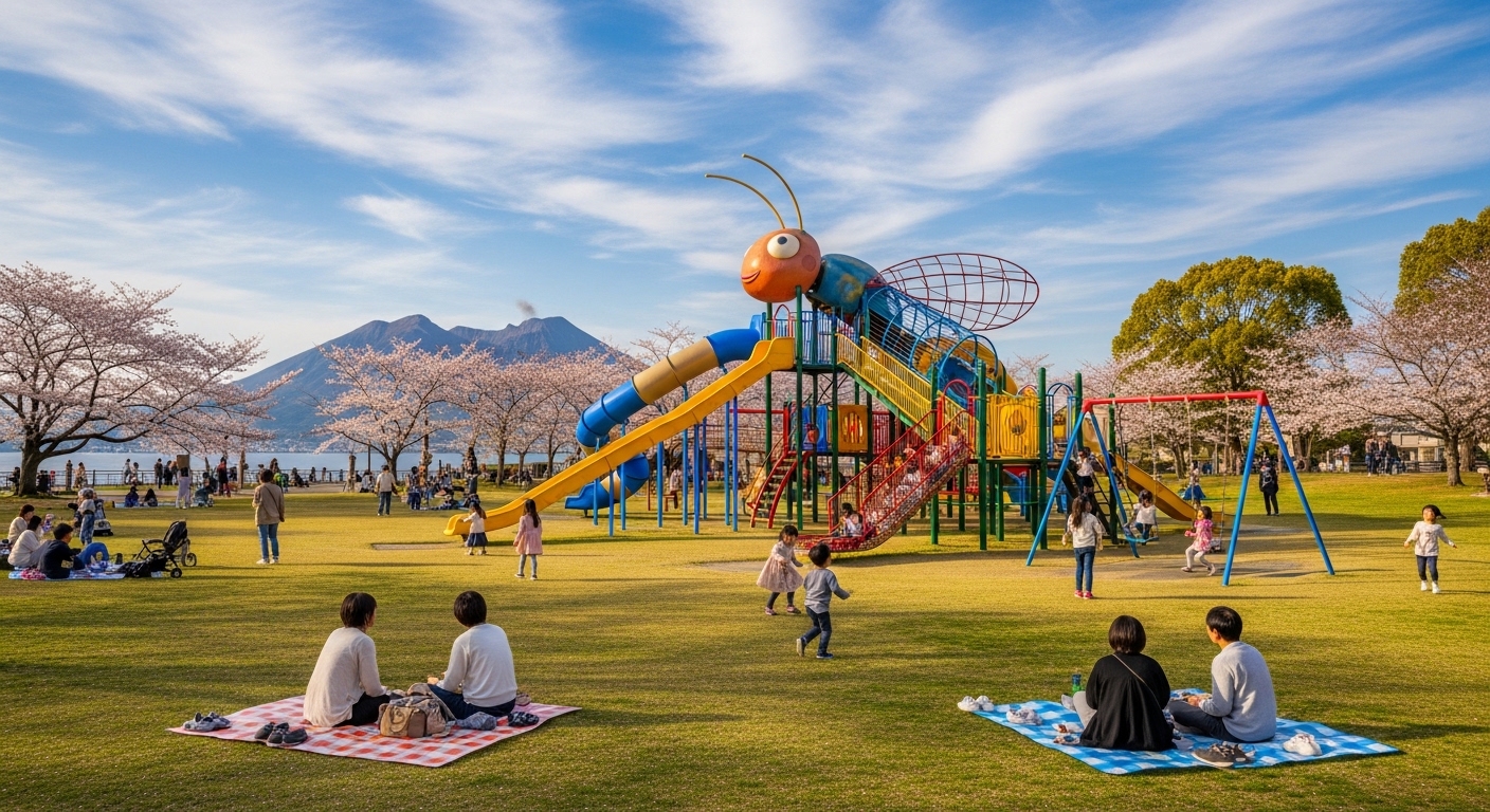 姶良市の公園にある大型遊具と、芝生でピクニックを楽しむ家族。遠くに桜島が見える姶良市の景色。