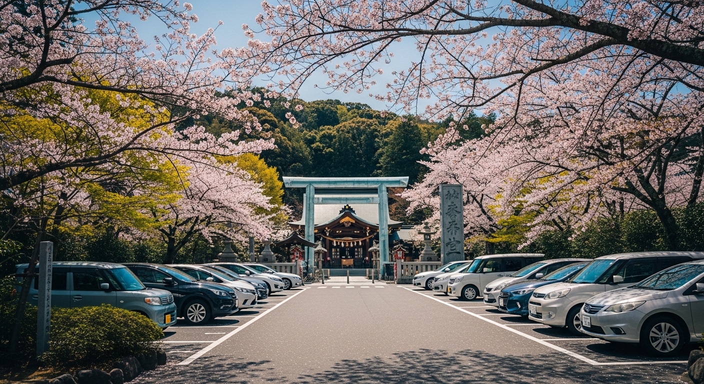 鹿児島県鹿屋市の神徳稲荷神社の駐車場と、奥に見える近代的なガラスの鳥居。