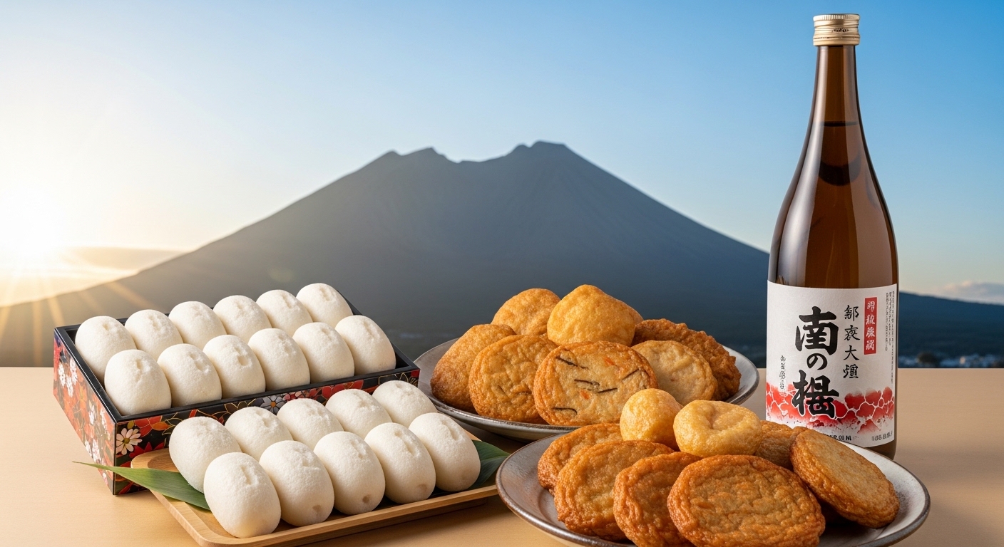 桜島を背景に並ぶ軽羹やさつま揚げ、芋焼酎など、鹿児島の定番お土産を詰め合わせたイメージ画像。