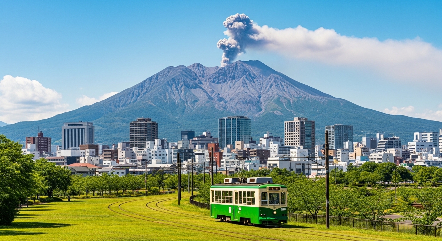 桜島を背景に芝生の上を走る鹿児島市電。鹿児島市内観光 ルートの移動手段を象徴する爽やかな風景。