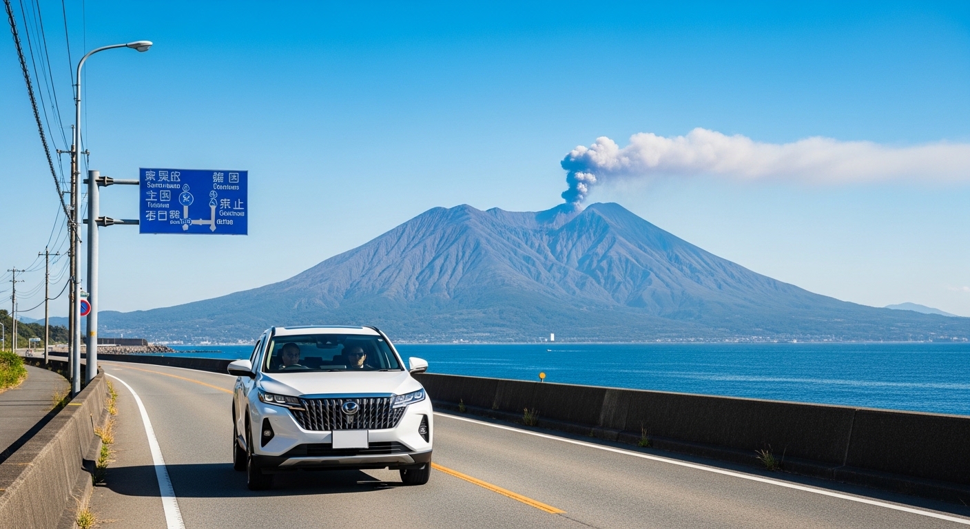 桜島を背景に海岸沿いの道を走るSUV車。鹿児島の車あり観光プランをイメージした爽快なドライブ風景。