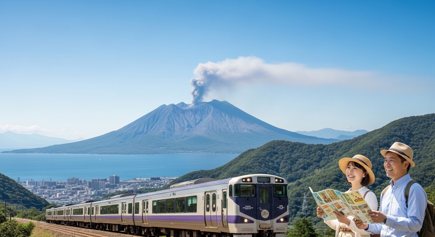 城山展望台から望む桜島と錦江湾の絶景。鹿児島観光2泊3日モデルコースをイメージした、観光と自然が調和した風景。