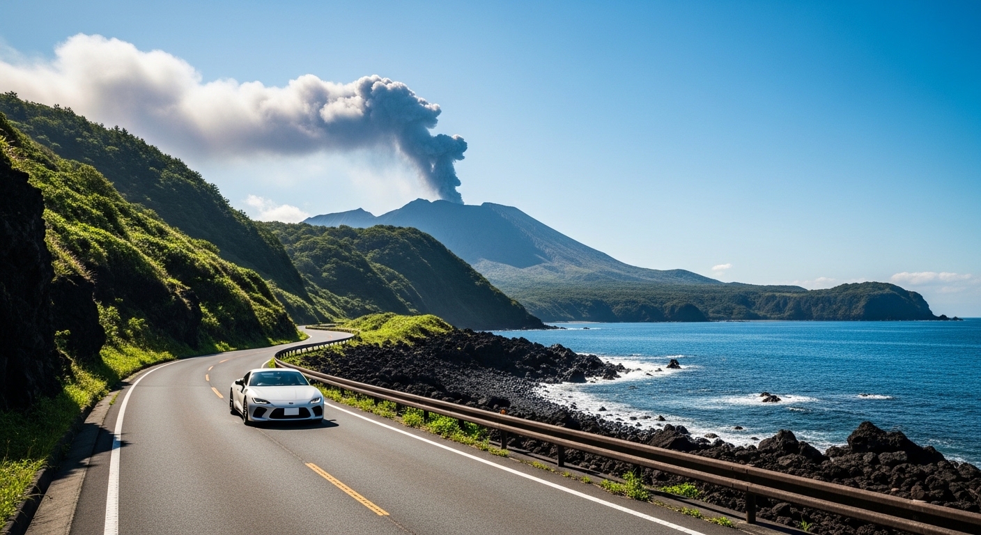 青い海と黒い溶岩原の間を走る、桜島のドライブルートと雄大な火山の風景。
