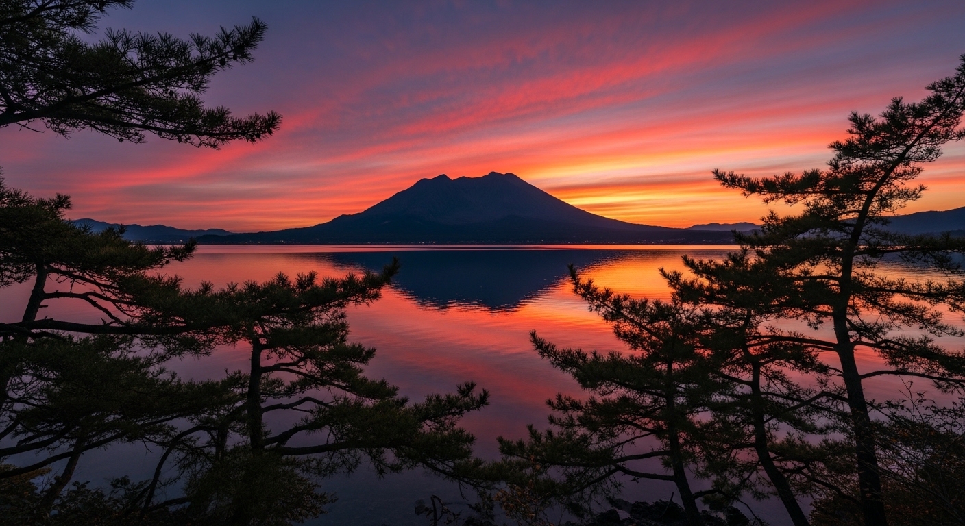 錦江湾に映る夕焼け空と、茜色に染まる桜島の雄大なシルエット。桜島の夕焼け写真スポットを象徴する一枚。