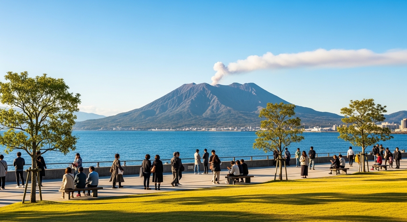 鹿児島湾の桜島絶景スポットから望む、青い海と雄大な桜島のパノラマ風景。