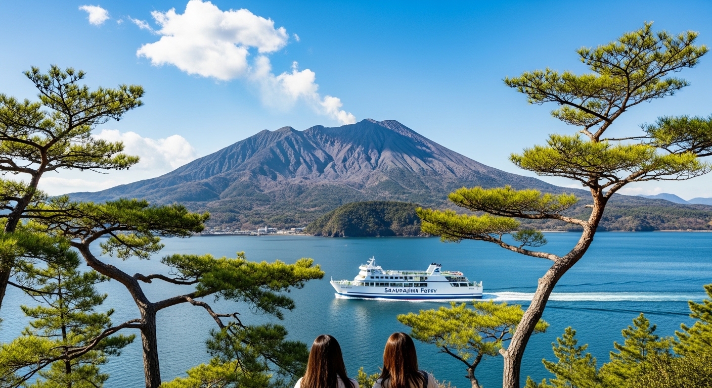 初めての桜島観光でフェリーに乗り、錦江湾越しに煙を上げる雄大な桜島を眺める様子。
