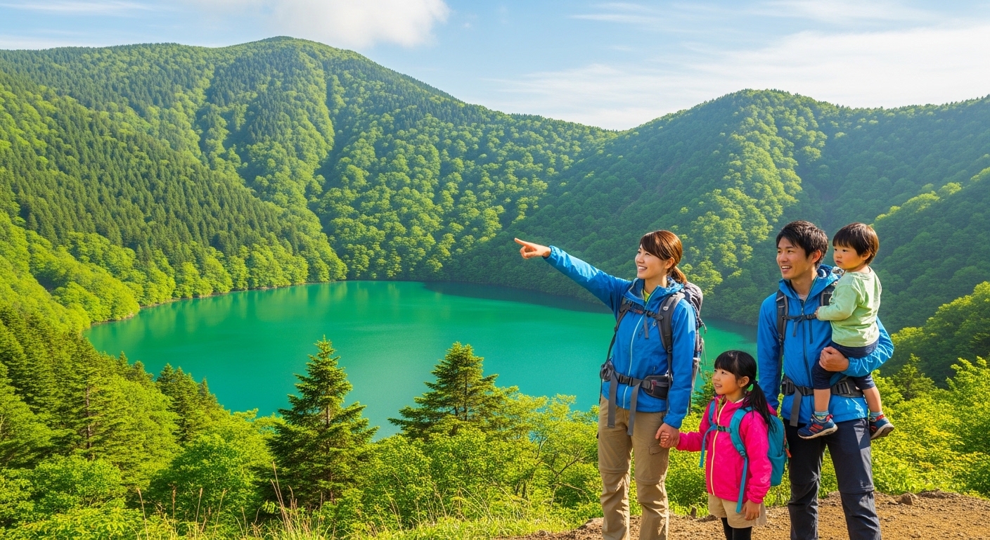 霧島の自然体験スポットを象徴する、韓国岳から望む火口湖とトレッキングを楽しむ日本人の家族。