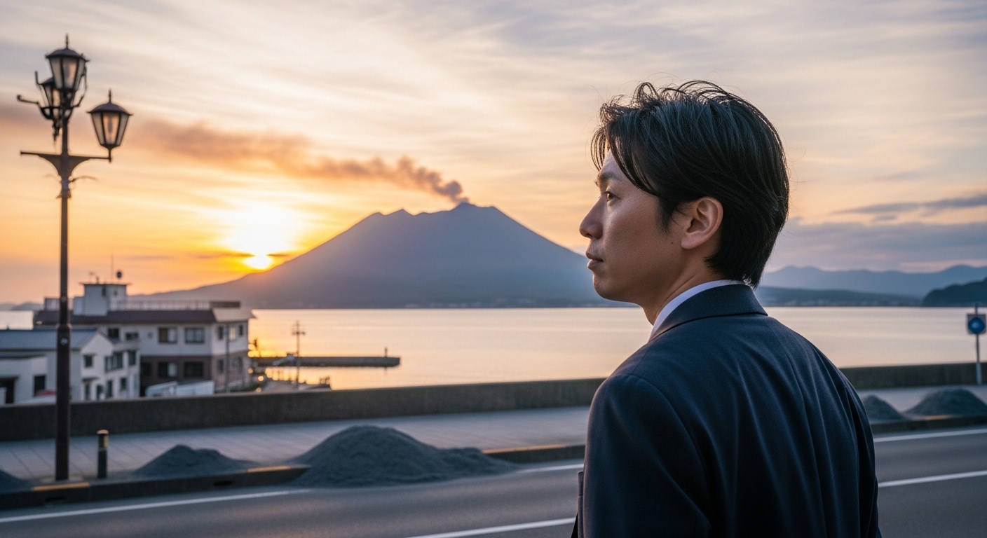 鹿児島移住は後悔する？という問いに対し、桜島を眺めながらこれからの生活を考える日本人のイメージ画像。