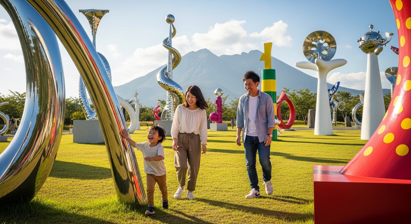 鹿児島の子連れで行けるアート施設をイメージした、青空の下で巨大な彫刻作品と遊ぶ親子と桜島の風景。