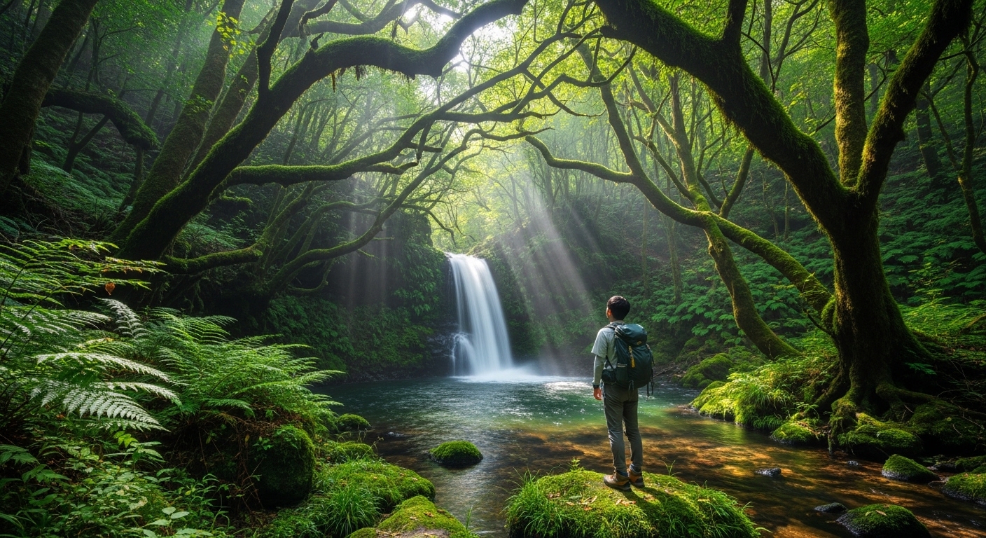 霧島の山奥観光を象徴する、深い森の中に隠れた美しい滝とトレッキングを楽しむ日本人の姿。