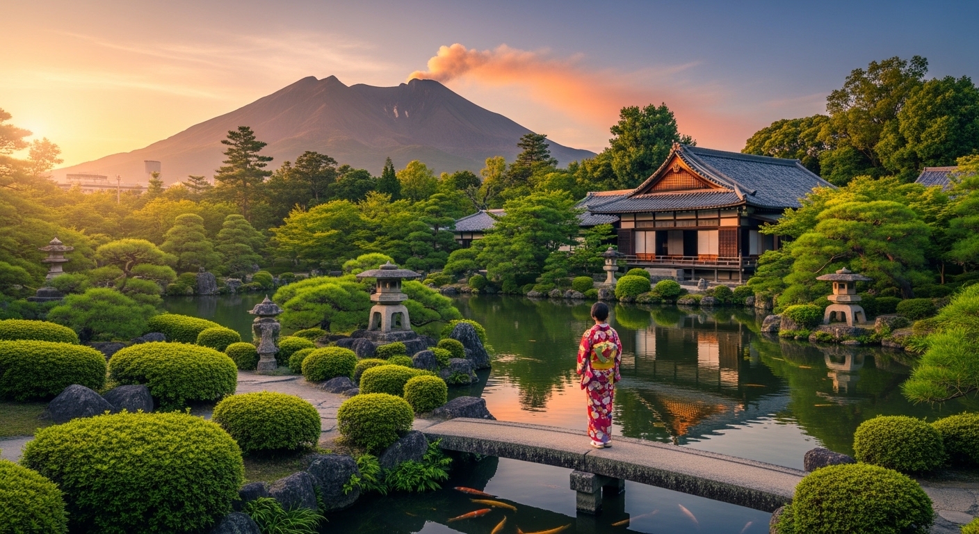 鹿児島の大河ドラマゆかりの地である仙巌園と桜島を背景に、歴史に思いを馳せる着物姿の日本人。