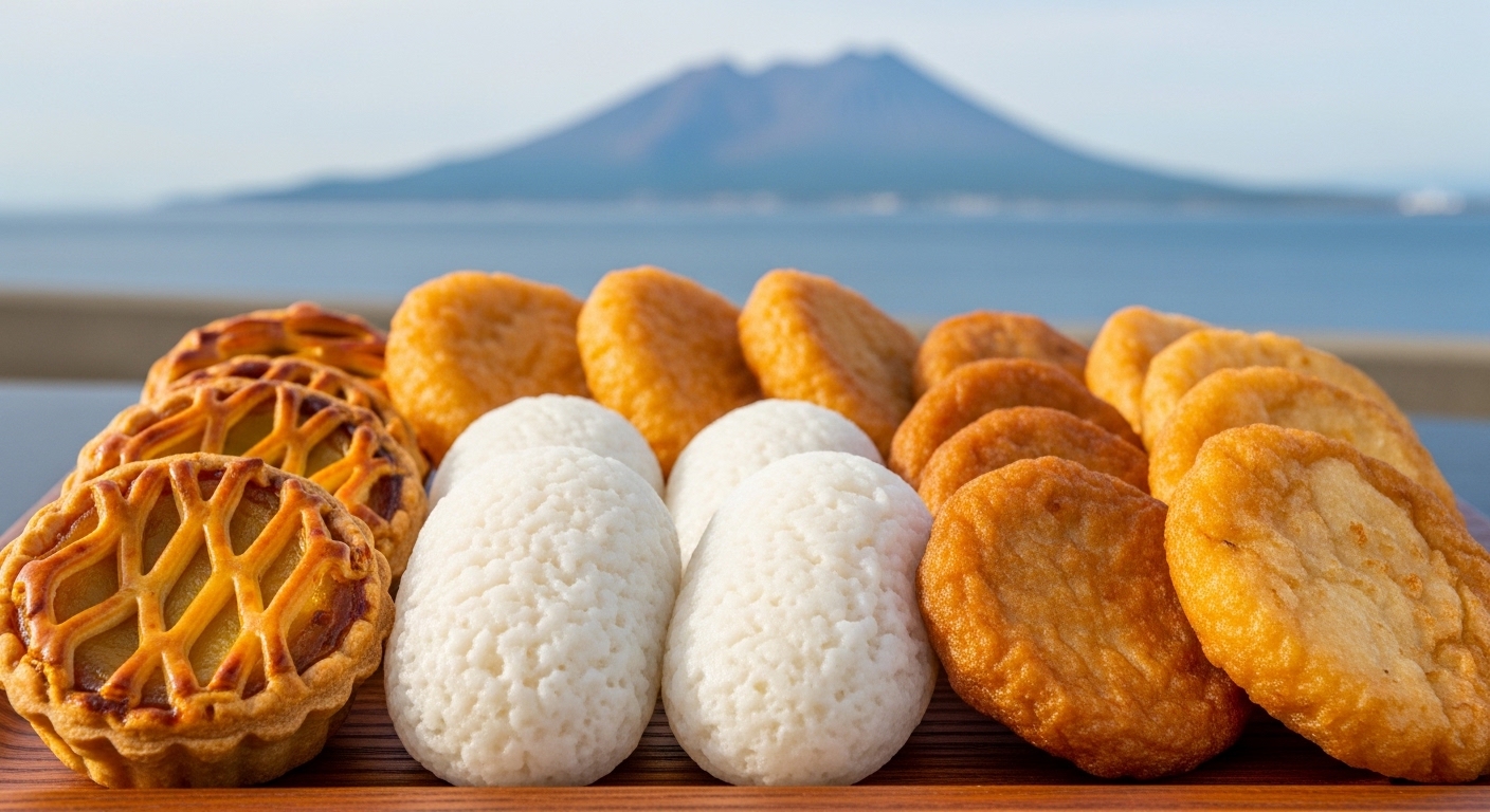 鹿児島の定番お土産をイメージした、かるかんやさつま揚げの盛り合わせと桜島を望む風景。