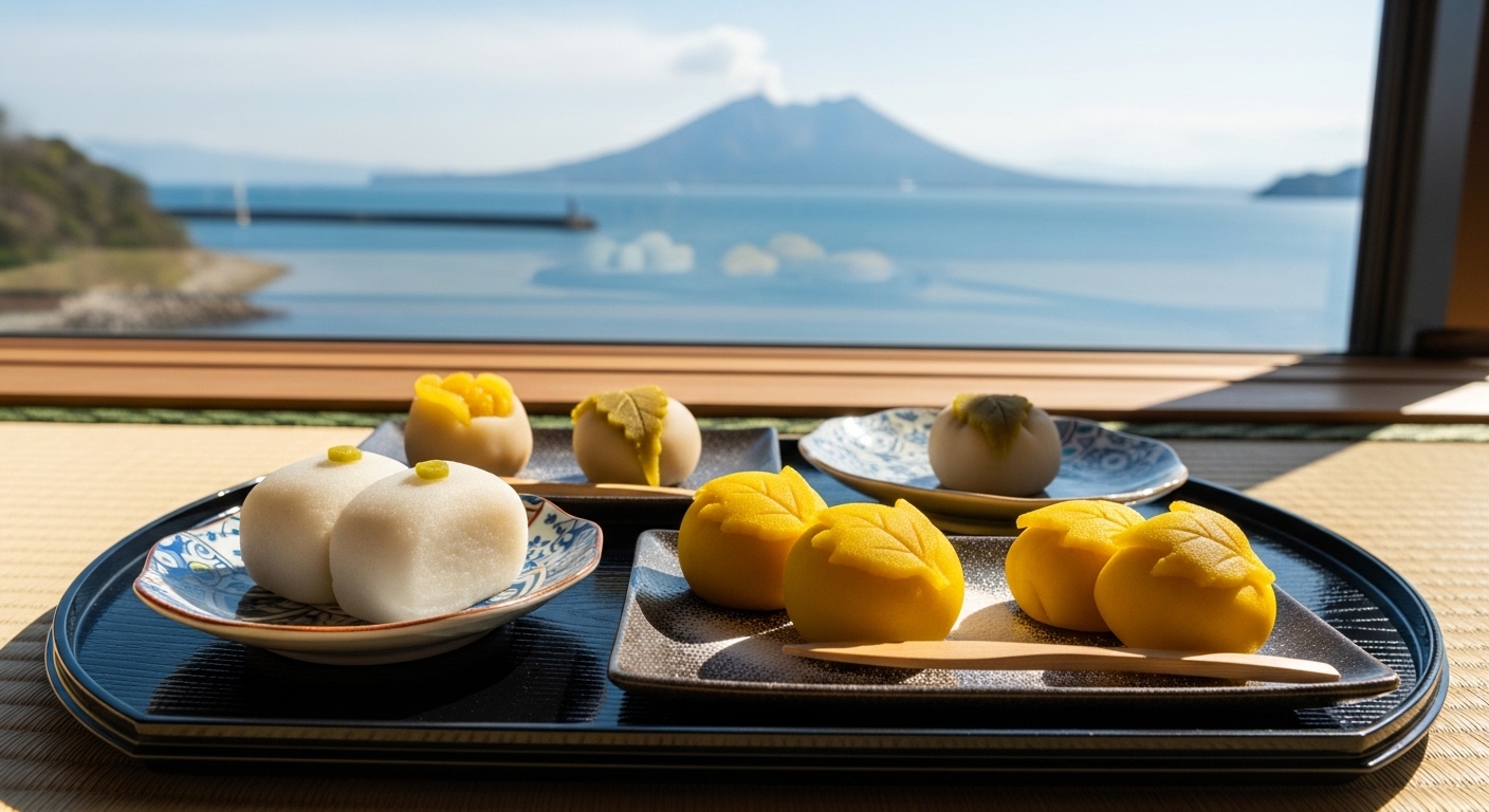 鹿児島のおすすめ和菓子をイメージした、かるかんや芋菓子が並ぶ伝統的な器と桜島を背景にした風景。