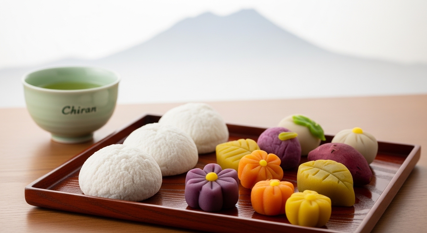 鹿児島限定のお土産をイメージした、名物の軽羹や安納芋スイーツと知覧茶が並ぶ華やかな盛り付け。