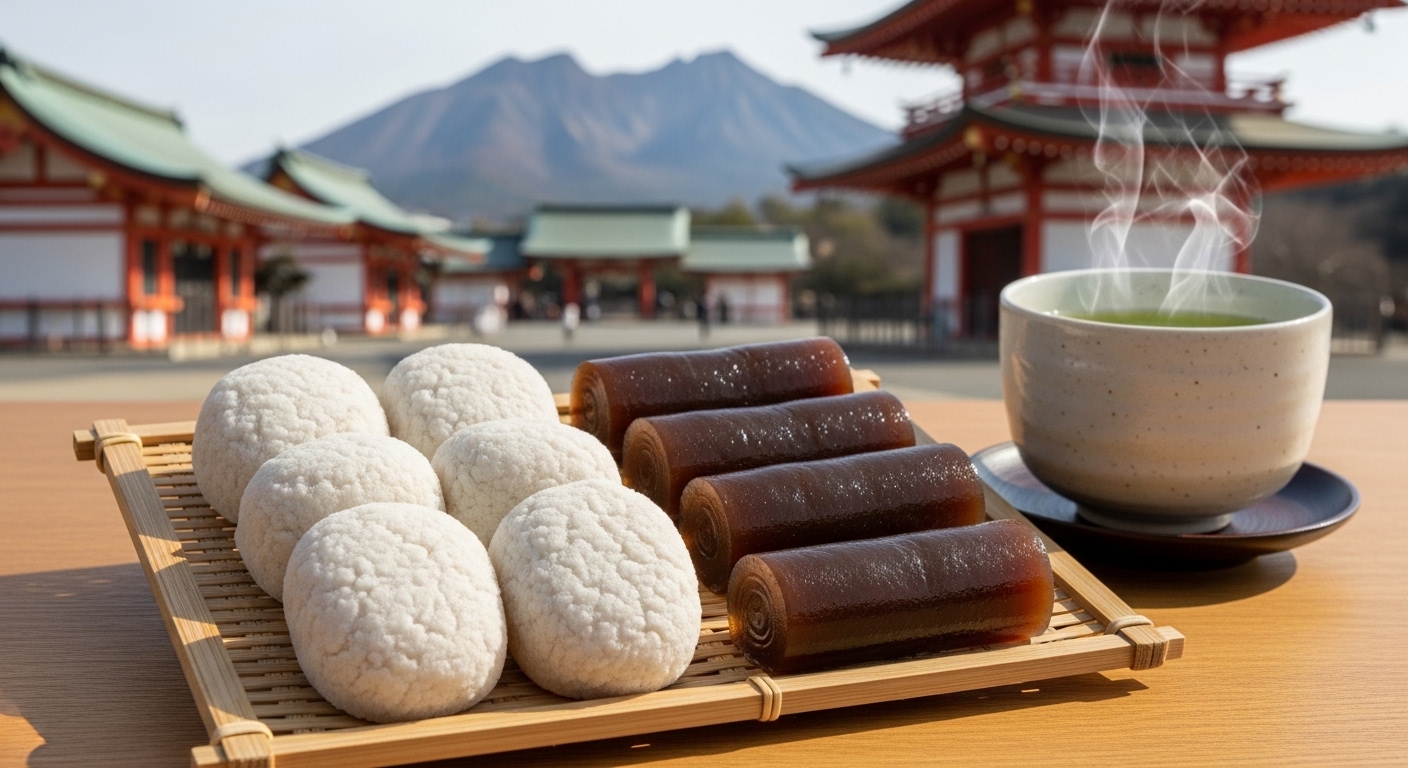 鹿児島の郷土菓子一覧をイメージした、かるかんやあくまきと緑茶のセット。