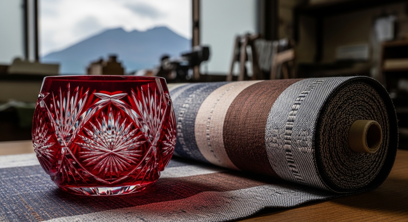 鹿児島の伝統工芸のお土産として人気の、鮮やかな薩摩切子のグラスと大島紬の反物。