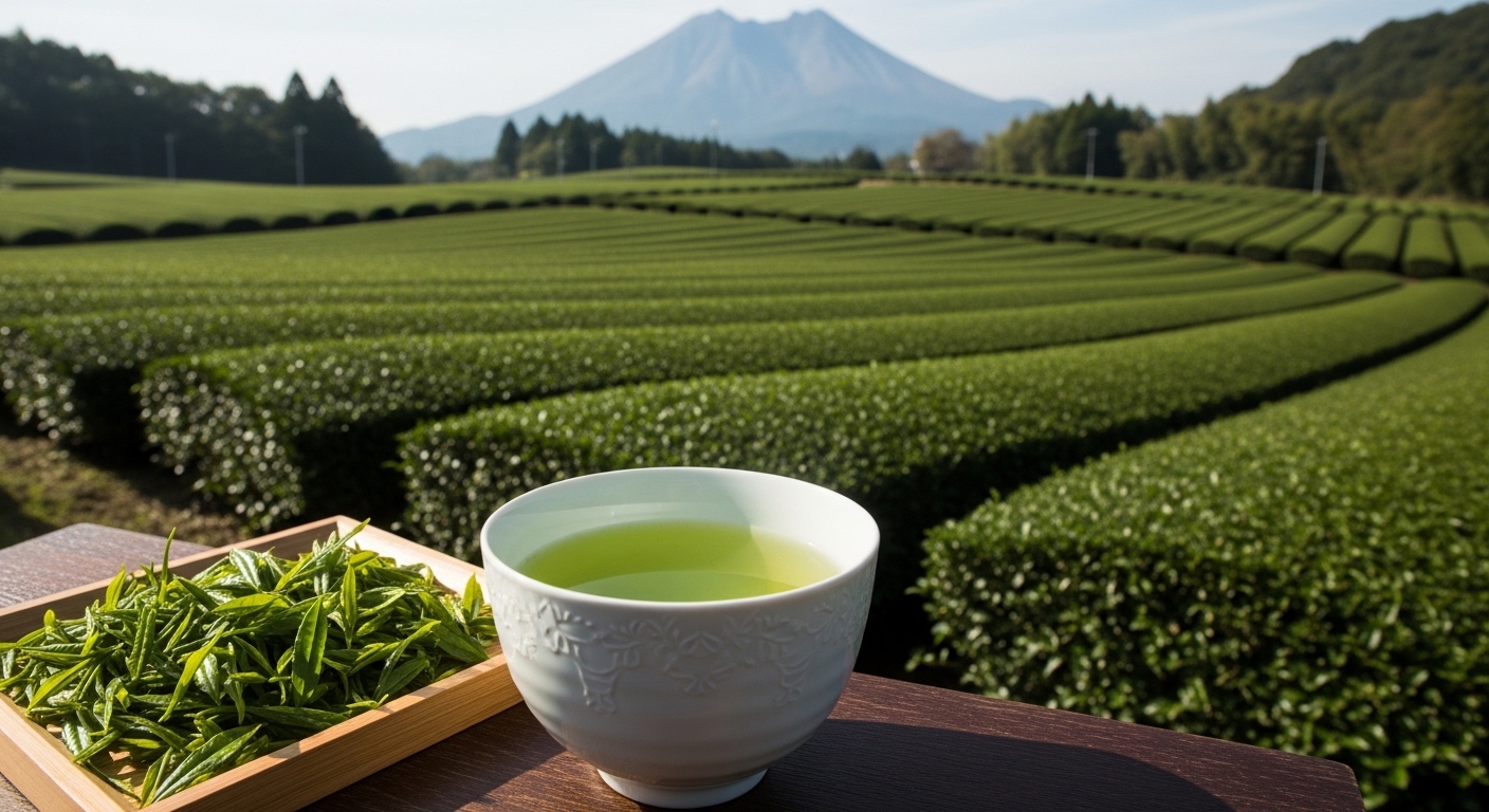 鹿児島のおすすめの緑茶と、背景に広がる広大な茶畑、遠くにそびえる桜島の風景。