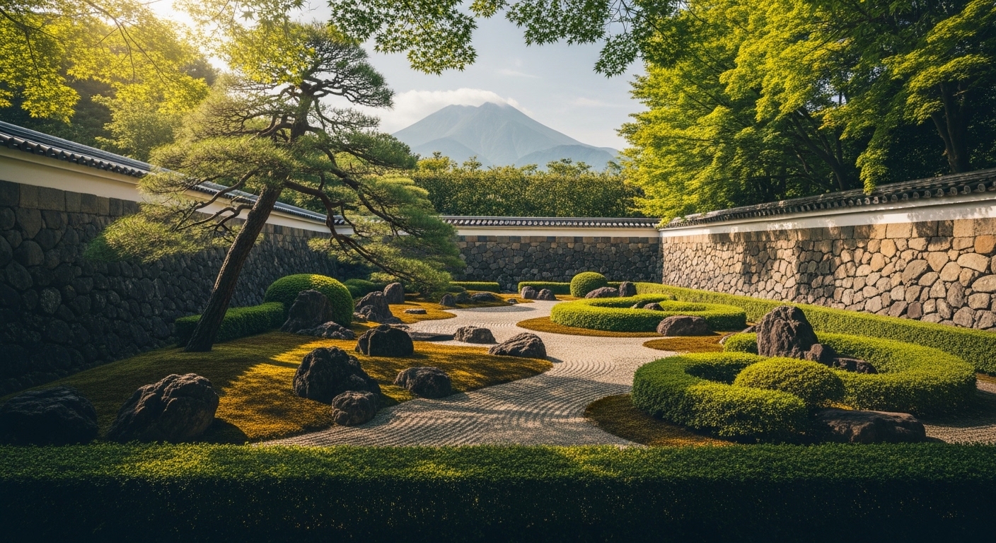 知覧の武家屋敷の見どころである、石垣と生垣が美しい伝統的な庭園と借景の風景。