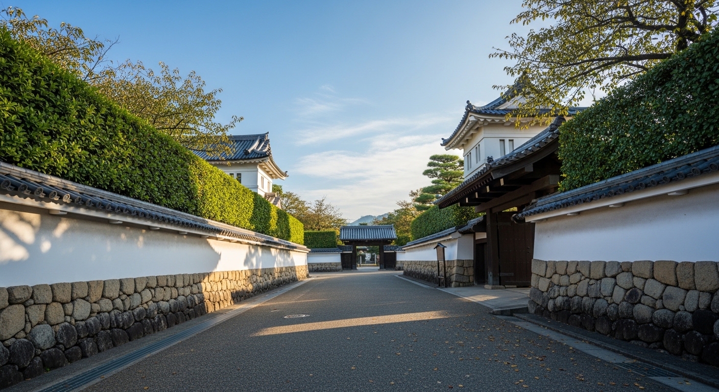 知覧の歴史散策をイメージした、美しい石垣と生垣が続く知覧武家屋敷群の伝統的な街並みの風景。