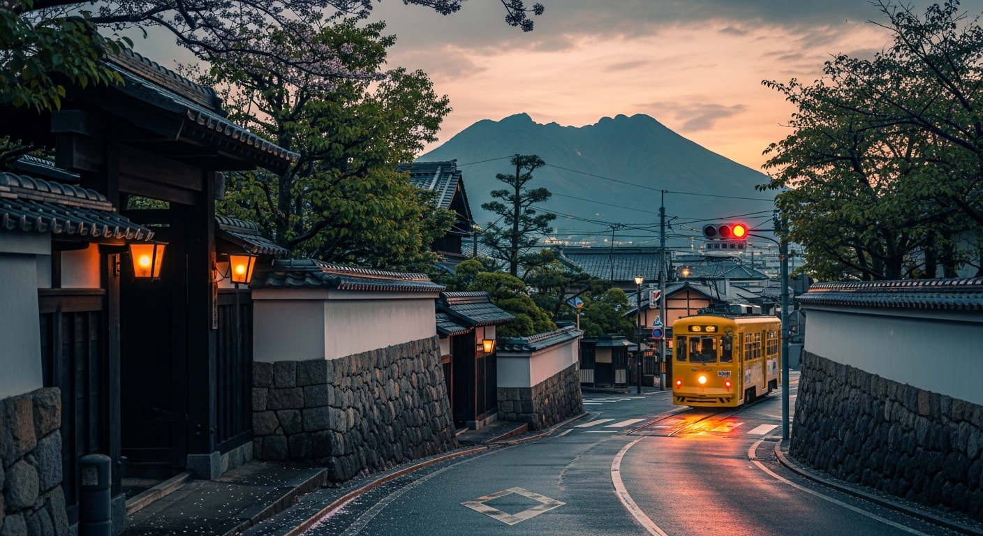 鹿児島のレトロな街並みを象徴する、武家屋敷の石垣と路面電車が走るノスタルジックな風景。