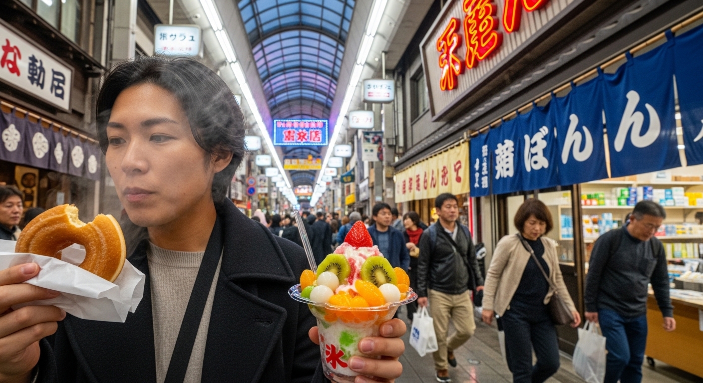 天文館の食べ歩きを楽しむ、焼どうなつと白熊を手にした観光客で賑わうアーケードの風景。