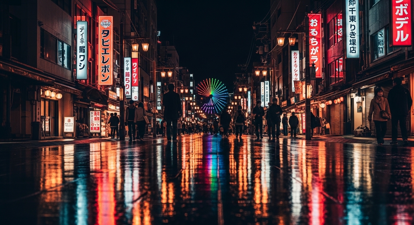 夜の鹿児島散策をイメージした、ネオン輝く天文館の街並みと遠くに見えるライトアップされた観覧車の風景。