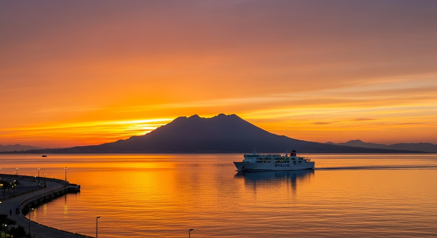 鹿児島の港の夕日を背景に、黄金色に輝く錦江湾と桜島のシルエットを横切るフェリーの風景。