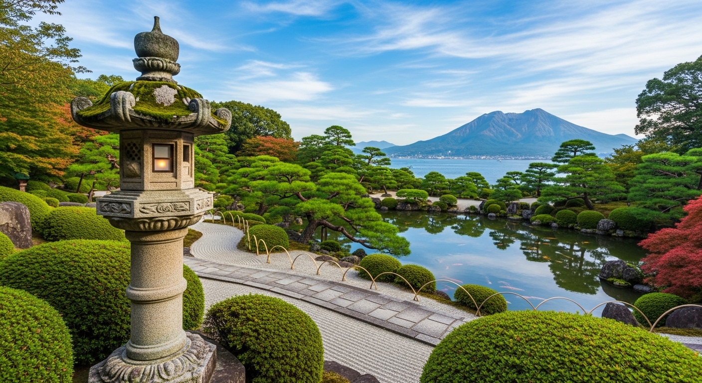 鹿児島で歴史を感じる旅を象徴する、仙巌園の石灯籠越しに見える雄大な桜島と錦江湾の景色。