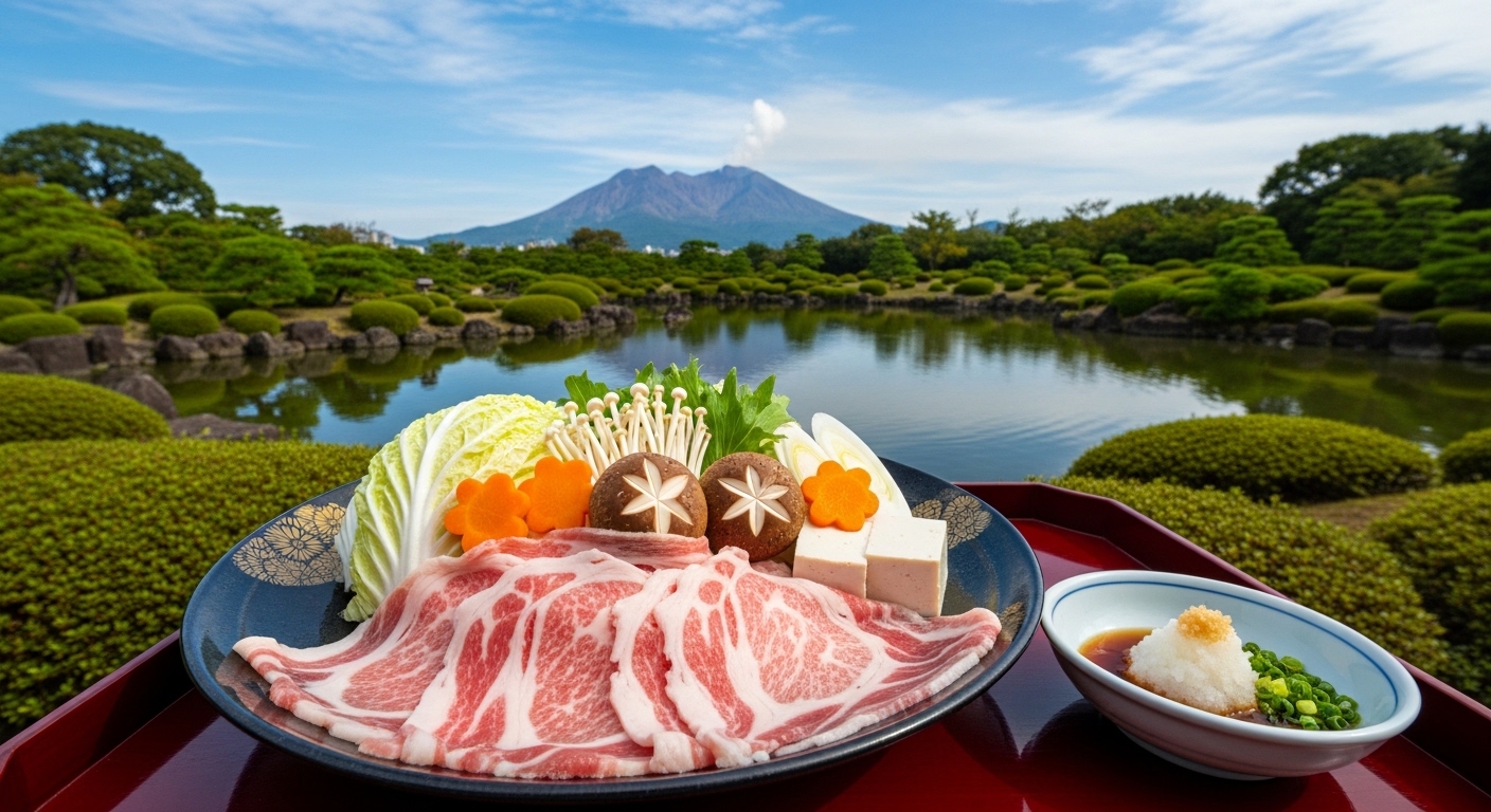 鹿児島の食と歴史の旅を象徴する、仙巌園から望む桜島と名物黒豚料理の風景。