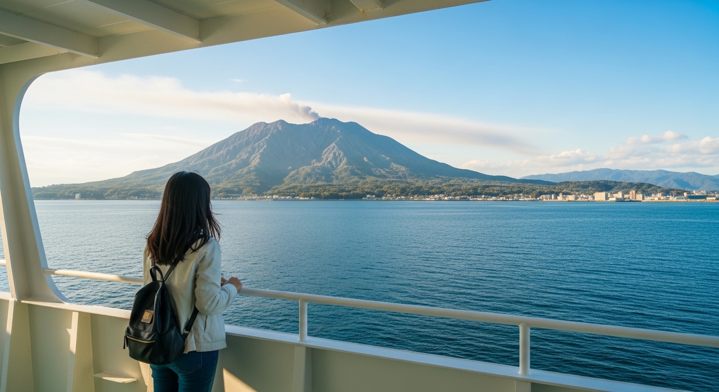 鹿児島一人旅モデルコースのイメージ。フェリーから雄大な桜島を眺める一人の日本人女性。