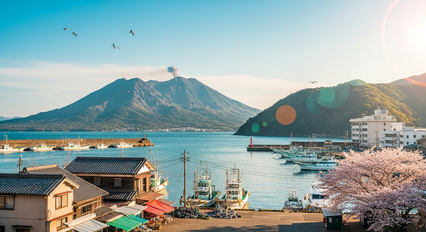 鹿児島の1泊2日旅行を象徴する、青空の下にそびえ立つ雄大な桜島と錦江湾の風景。