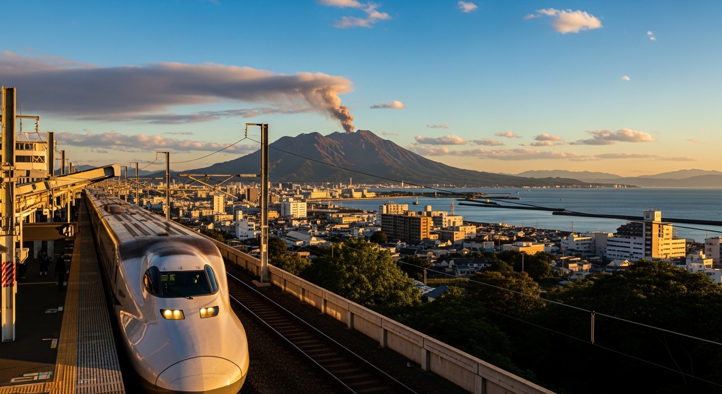 鹿児島の弾丸旅行プランを象徴する、新幹線と桜島が一望できる城山展望台からの絶景。