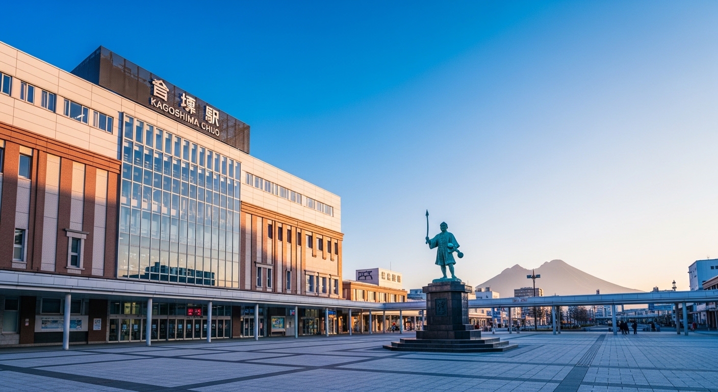 鹿児島中央駅の周辺観光を象徴する、青空の下の駅舎と若き薩摩の群像の銅像、そして遠景に見える桜島の景色。