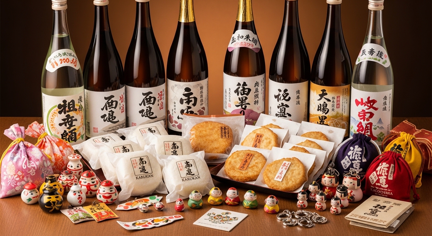 鹿児島中央駅のお土産を代表する、軽羹やさつま揚げ、芋焼酎が並んだ華やかなディスプレイ。