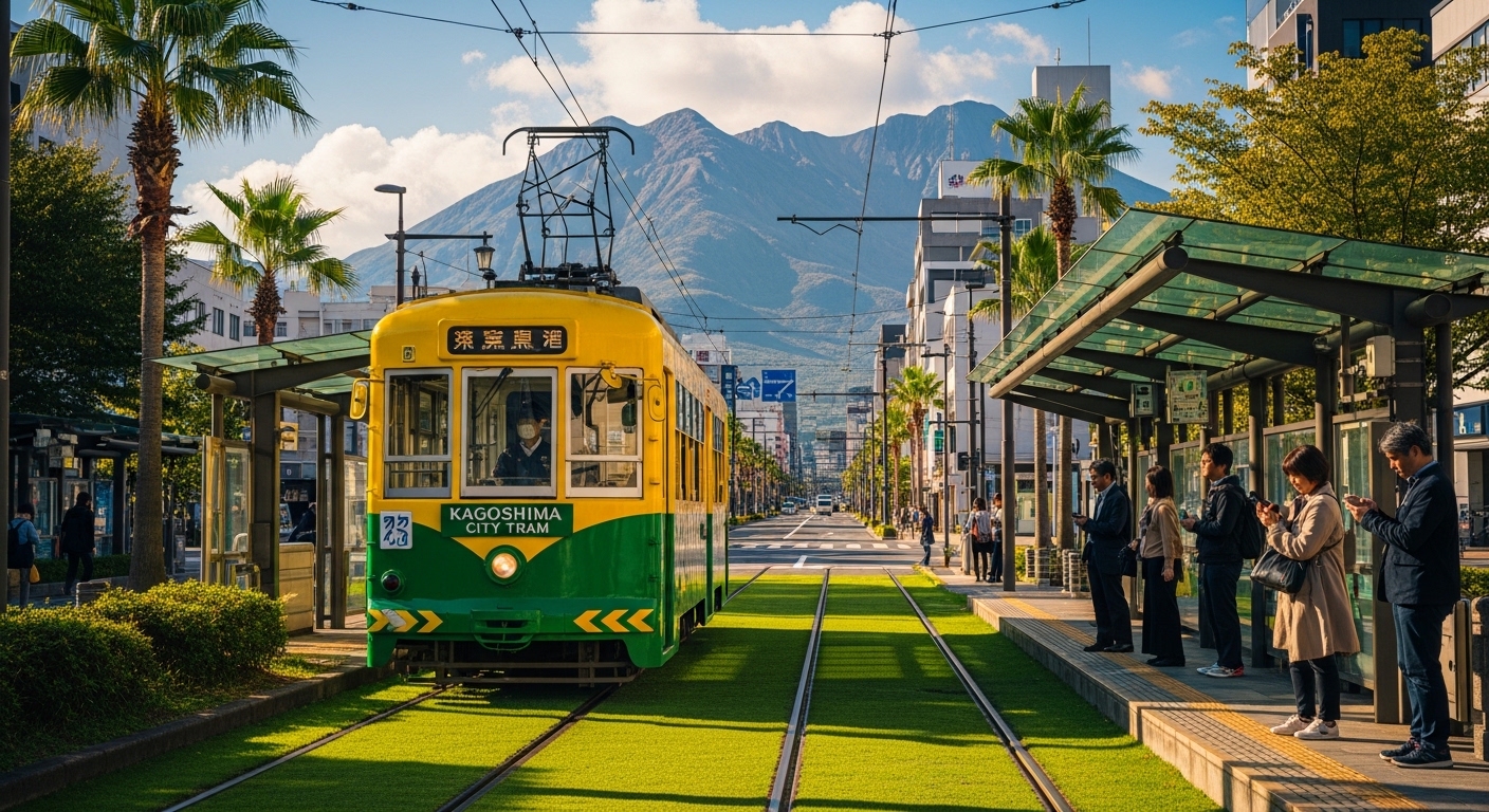 鹿児島市電の観光ルートを象徴する、緑の芝生軌道を走り桜島を背景にした路面電車の風景。