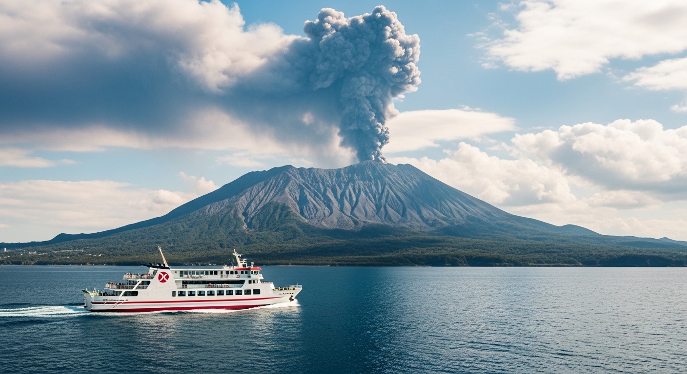 桜島の日帰り観光をイメージした、青い海と空を背景に噴煙を上げる桜島とフェリーの風景。