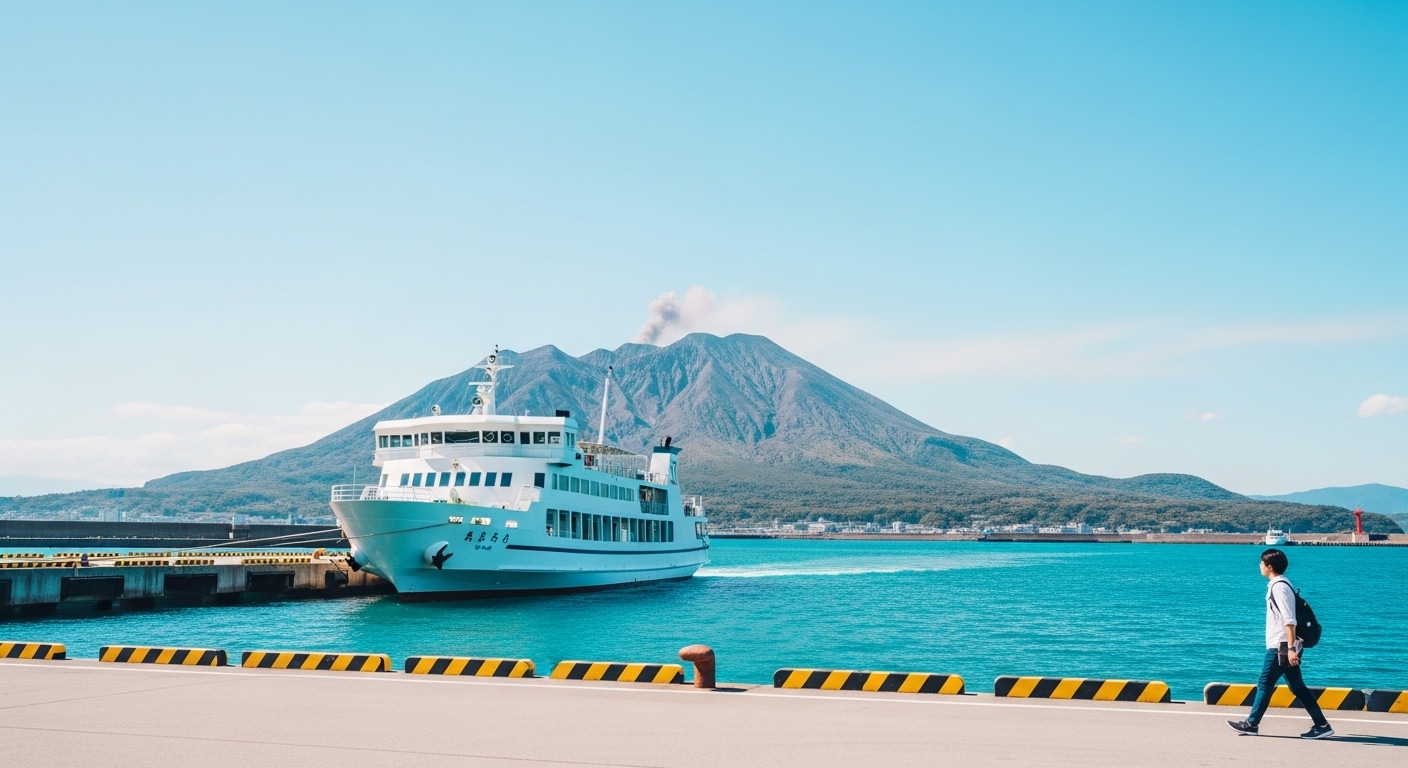 桜島の港周辺観光をイメージした、フェリーターミナルと背後にそびえる雄大な桜島の風景。