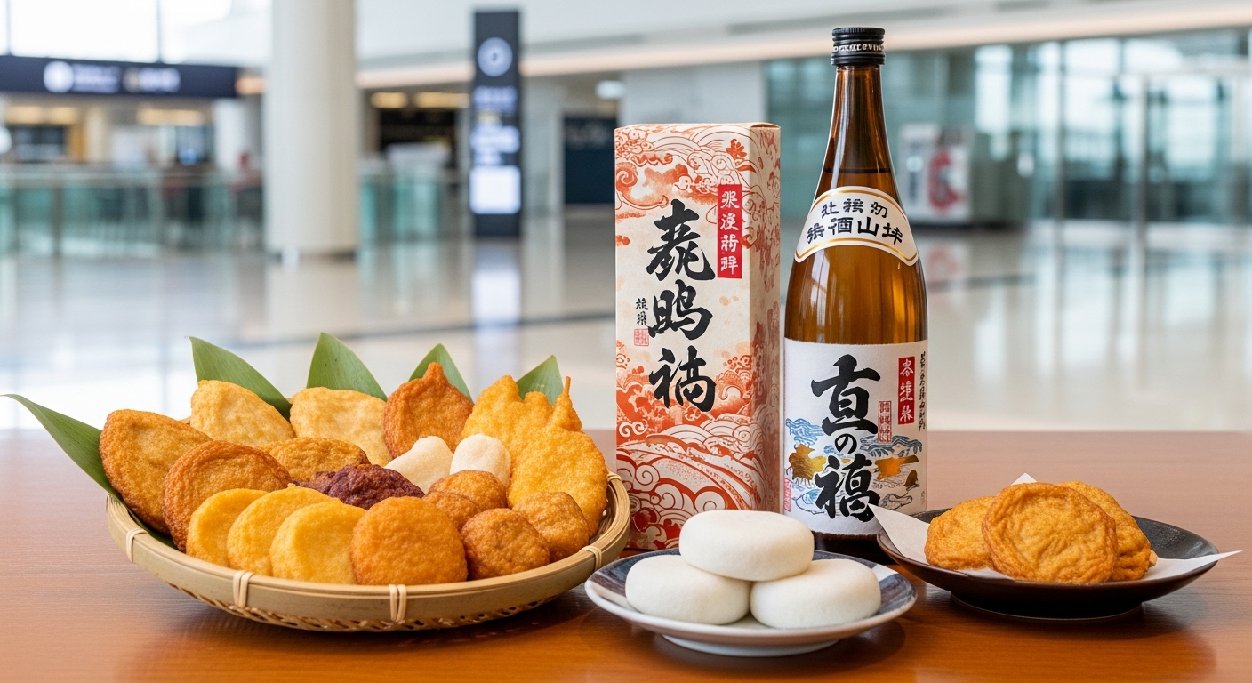 鹿児島空港のおすすめお土産として人気のさつま揚げ、かるかん、焼酎が並ぶ風景。