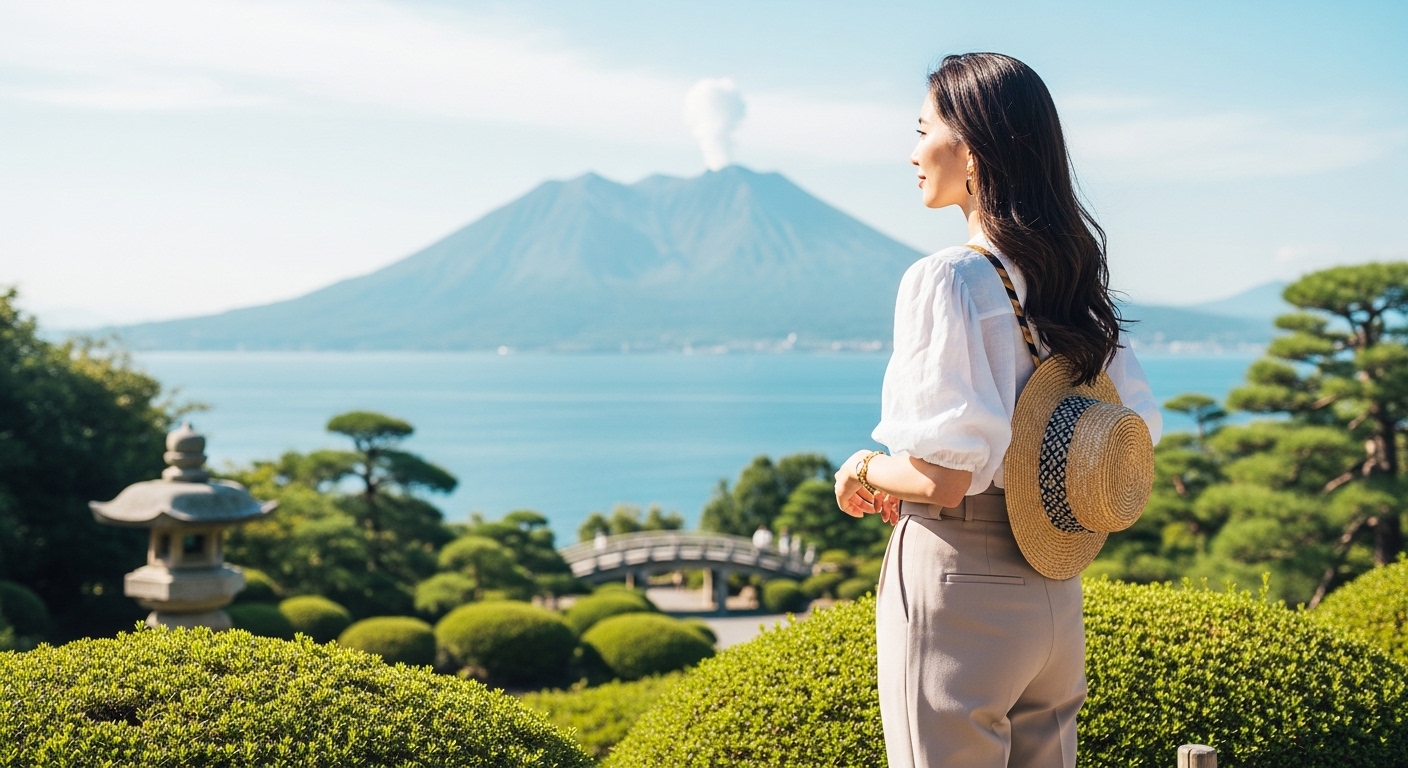 鹿児島の大人女子旅行をイメージした、桜島と錦江湾を背景に贅沢な時間を過ごす洗練された女性の風景。
