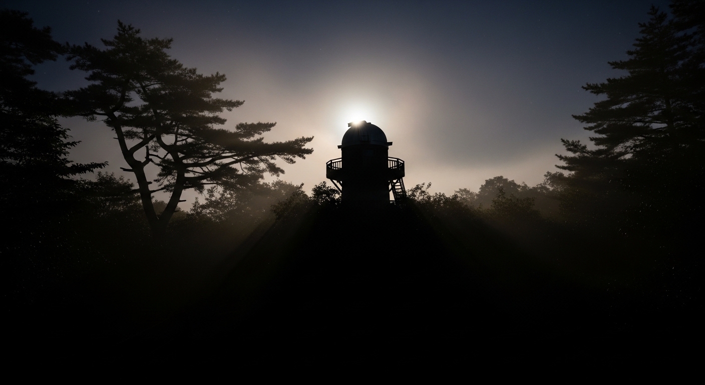 寺山公園展望台の心霊現象を連想させる、夜の静寂に包まれた展望台と不気味な森の風景。
