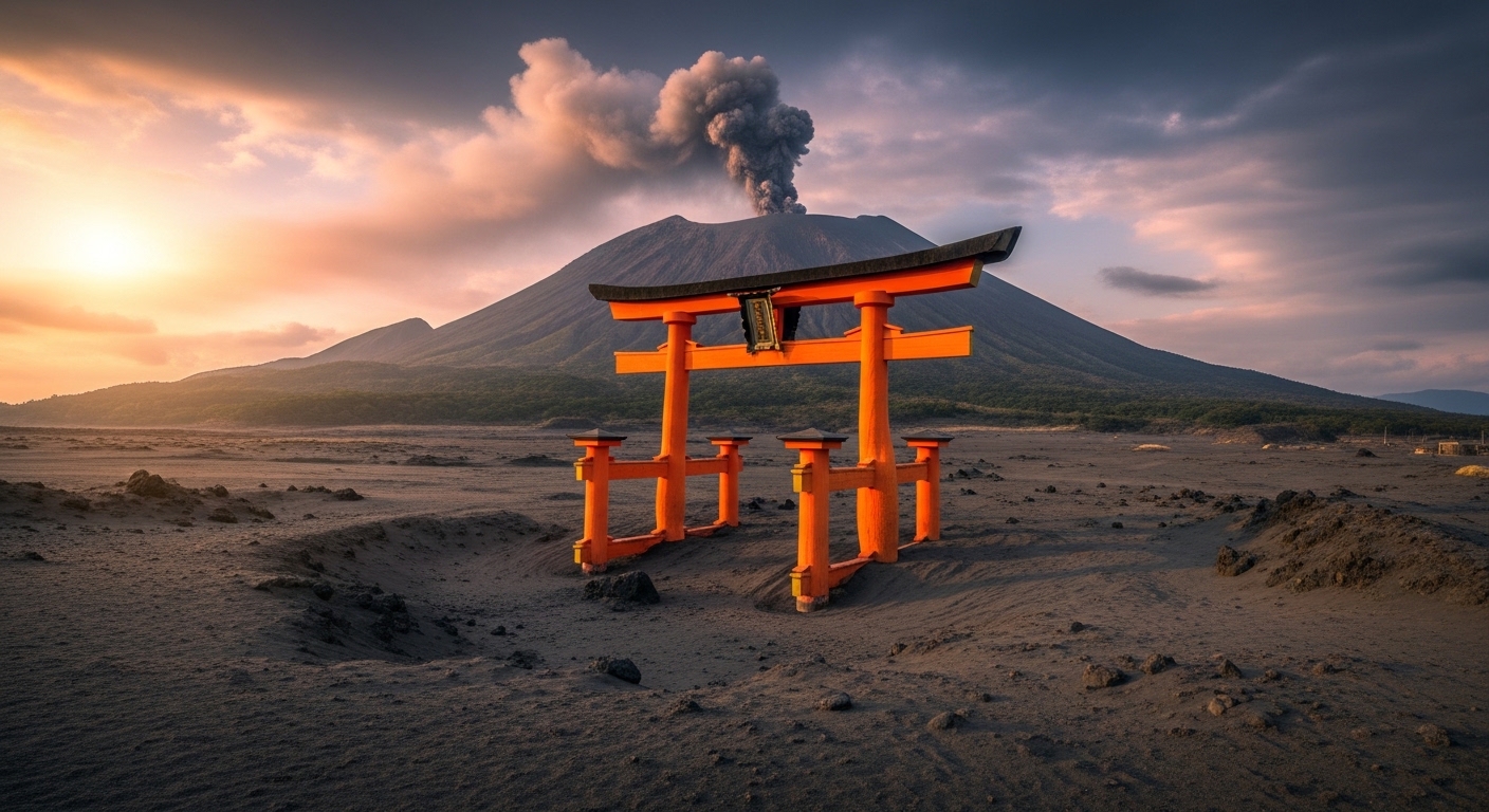 鹿児島の珍スポットとして知られる桜島の埋没鳥居と、噴煙を上げる桜島の雄大な風景
