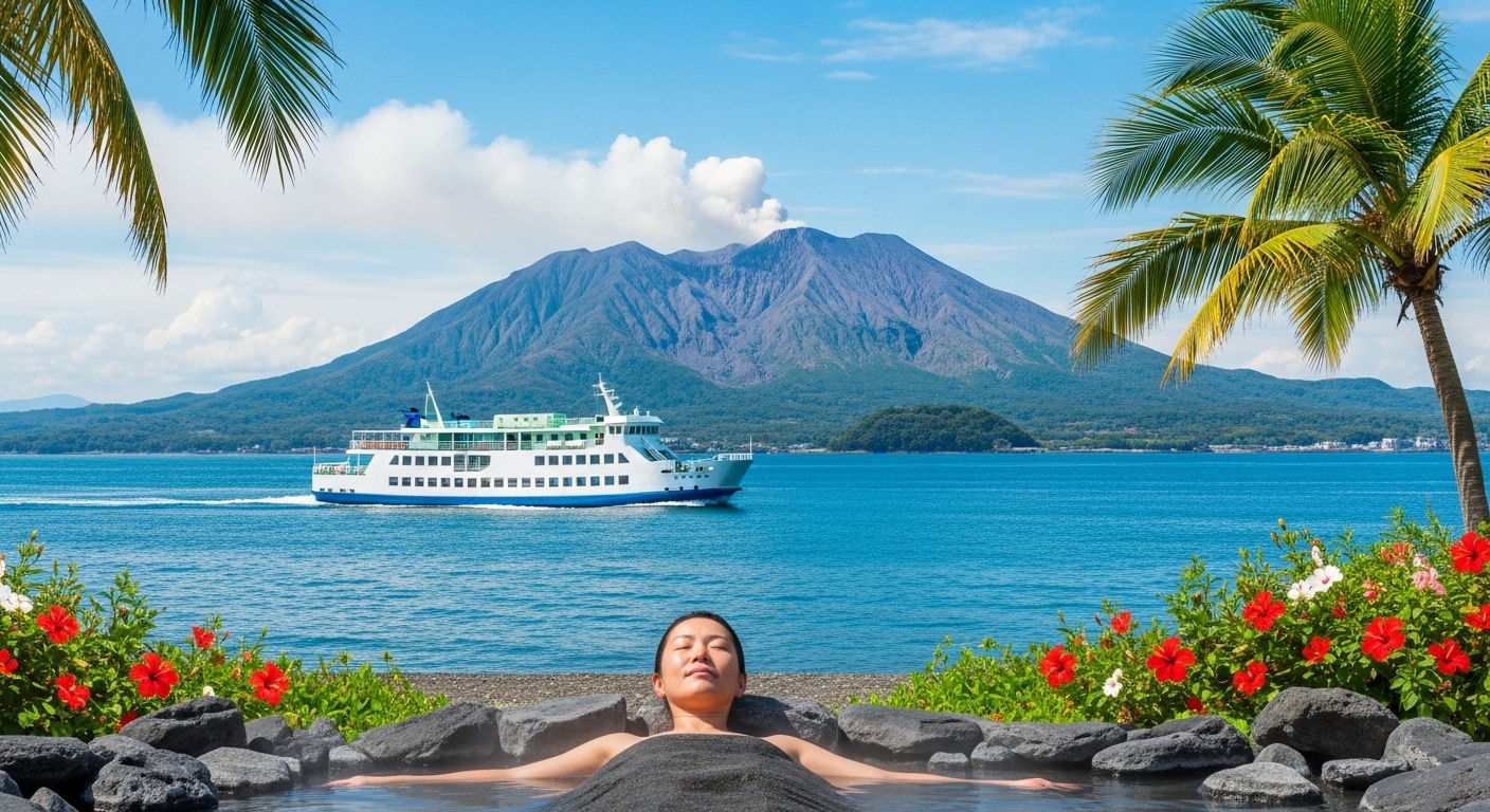 鹿児島の面白い場所として有名な桜島を背景に砂むし温泉を楽しむ様子