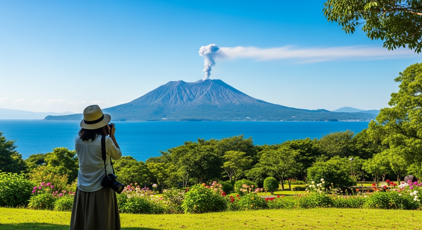 鹿児島のインスタ映えスポットとして有名な桜島と青い海を眺める日本人女性