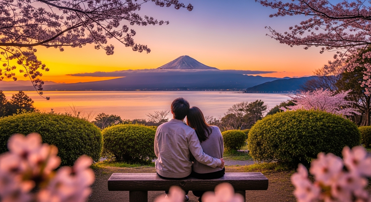 鹿児島デートの隠れスポットとして人気の展望台から桜島を眺める日本人カップル